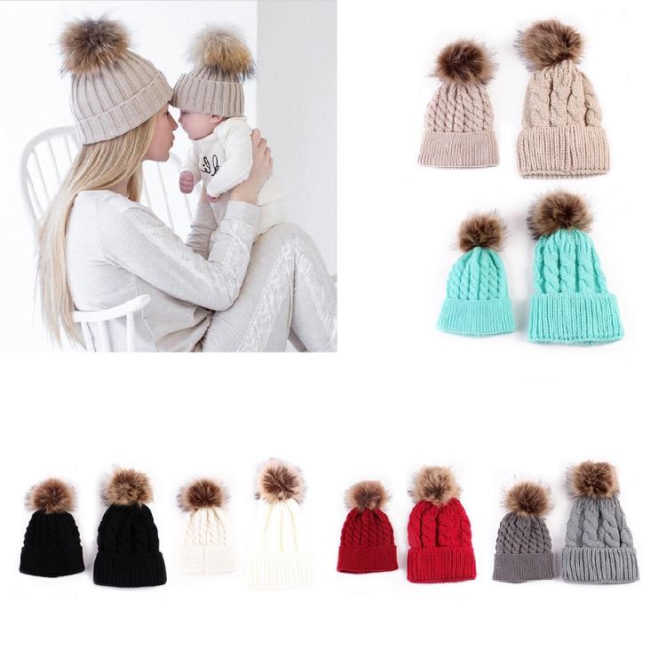 Pom Pom Hat in Matching Style for Parent Children Knitted Caps in Solid Color