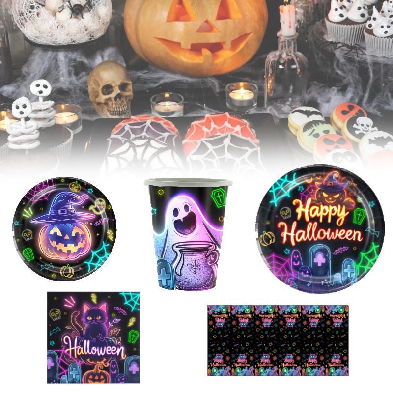 Party Halloween Tableware Set Luminous Plate Cups Napkins Tablecloth Celebration