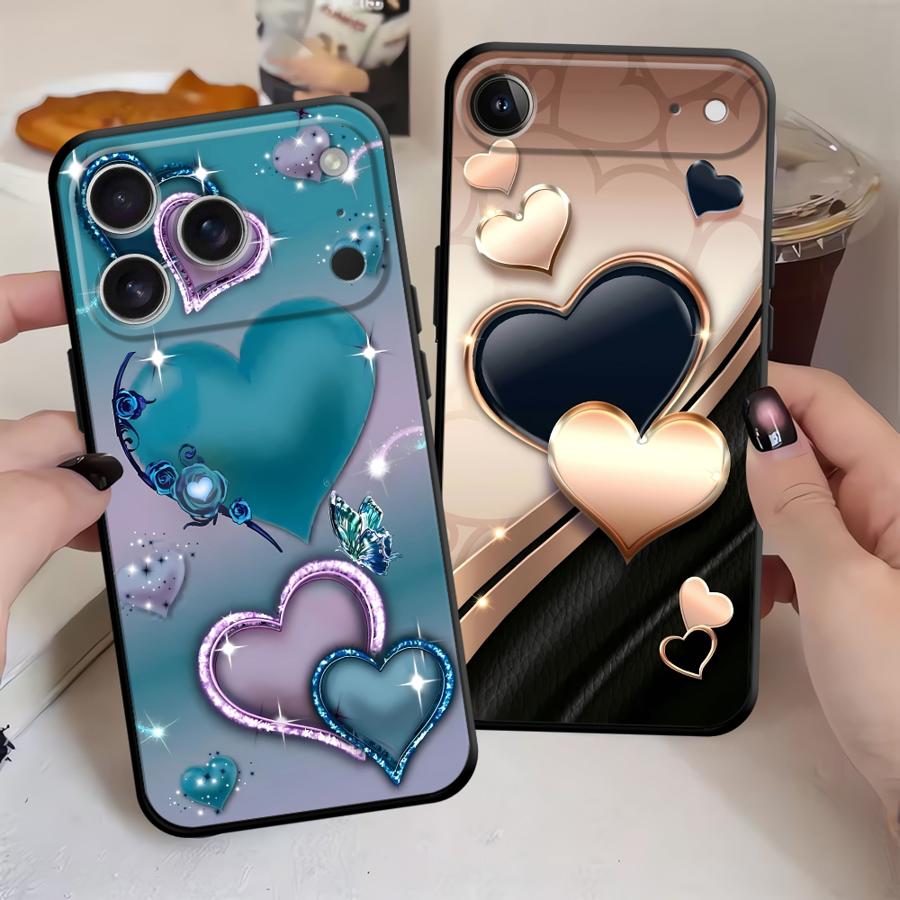 Heart-Shaped Design Black Soft Phone Cover Case for iPhone XS Max 15 16 14 Plus 13 12 11 17 Pro Max 7 8 Air XR
