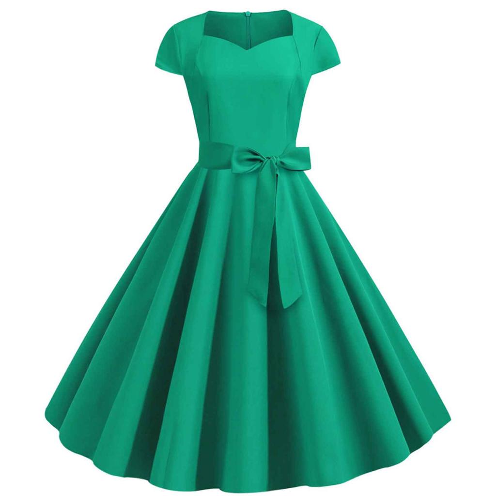 Women's Fashion Casual Slim Fit Solid Colour  Vintage Dress With Belt With Large Hem