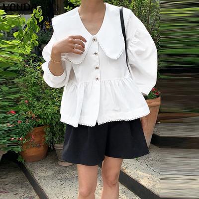 Women Doll Collar Loose Casual Long Sleeve Lace Hem Blouse