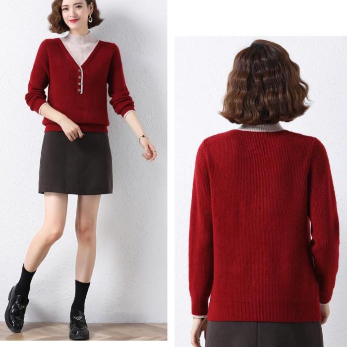 Suéter de cuello medio para mujer, holgado, versátil, estilo occidental, imitación de dos piezas, camiseta de punto básica, otoño e invierno