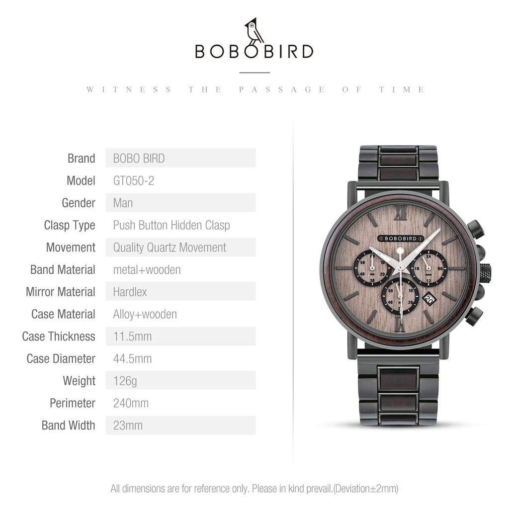 BOBO BIRD Wooden Watch GT0051 30m 44mm x Jewelry Analog Quartz Wooden Gift Box Included Men's Gray, Watertight, 11mm, Clasp, Movement, Band,