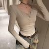 Women's Autumn/Winter V-Neck Lace Patchwork Fleece T-Shirt – Trendy Two-Piece Design.