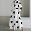 Boho Polka Dots Print Womens Wrap Shirt Dress Long Sleeve Maxi V Neck Swing Dress Lapel Collar Long Dress