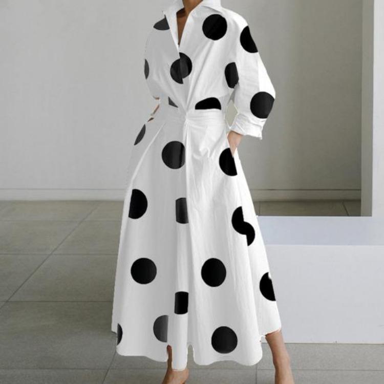 Boho Polka Dots Print Womens Wrap Shirt Dress Long Sleeve Maxi V Neck Swing Dress Lapel Collar Long Dress