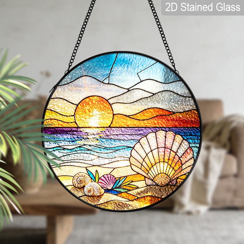2D Flat Stained Glass Beach Shells Window Decoration Colored Glass Plate, 7.87inches Ocean Theme Hanging Sun Catcher with Chain, Summer Home