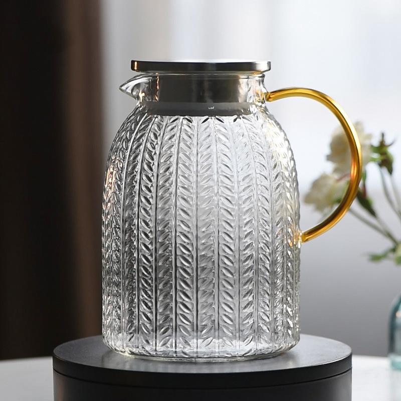 Jarra de Agua Fría de Vidrio con Patrón de Espiga de Trigo Vidrio de Alto Borosilicato Jarra de Agua Fría para el Hogar de Gran Capacidad para Zumo Limonada