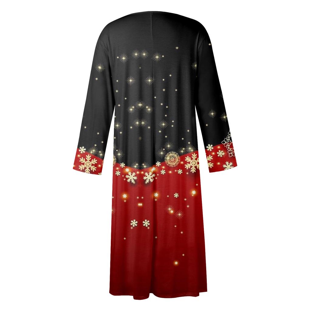 Women's Casual Round Neck Christmas Print Midi Dress Long Sleeve Pocket Dress