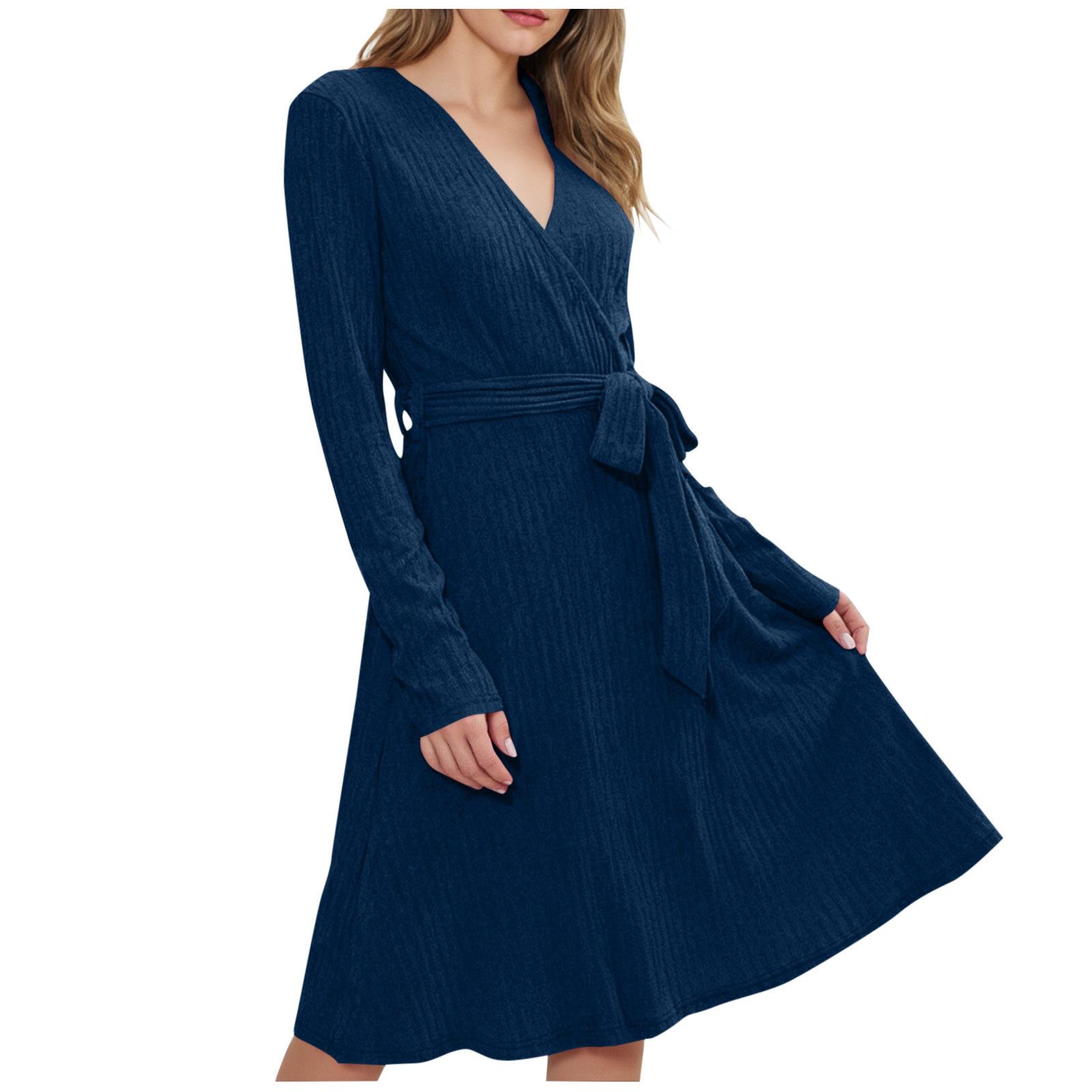 

Women s Fashionable Loose-Fit V-Neck Long-Sleeve Tie-Detail Casual Dress XL синій
