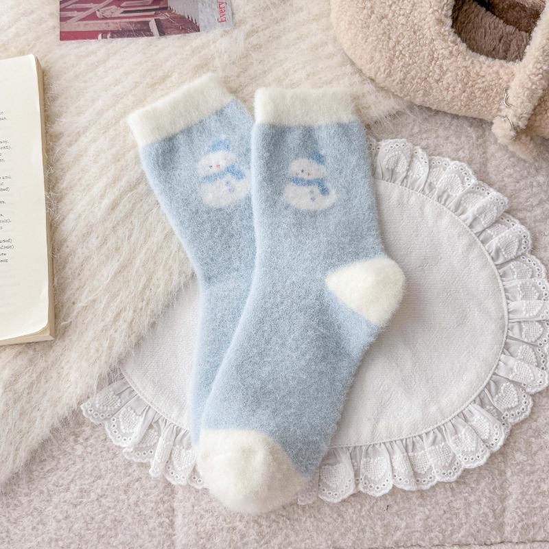 Australian Wool Children's Winter Plush Thick and Warm Mid-calf Socks, Cute Cartoon Snowman Sleep Socks, Home Floor Socks