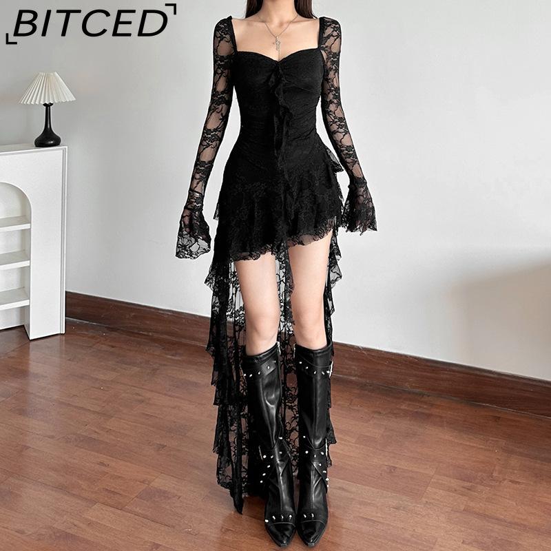 BITCED Autumn Women's Solid-Colour High-Waisted Fashion Square-Neck Long-Sleeved Lace-Panel Dress