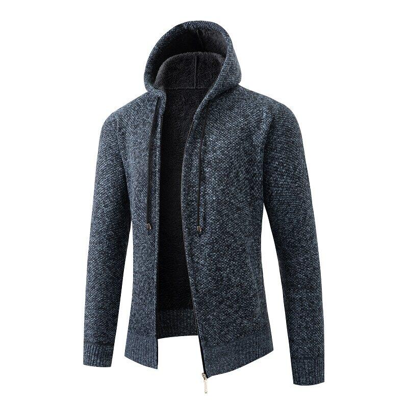 

2025 Winter Men Hooded Sweater Cardigan Men Zipper Sweater Jacket Man Thick Warm Sweatercoat Male Causal Fleece Knit Outerwear XL вина червоного кольору