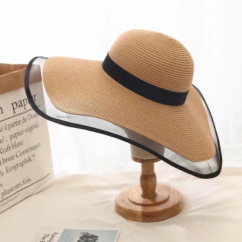 WTEMPO Women's Mesh Patchwork Solid Color Spring Summer Foldable Sunscreen Hats Office Ladies Wide Brim Travel Beach Breathable Commuting Sun Hats