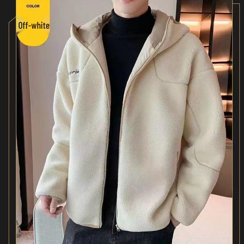 Men's Lambswool Coat - Autumn/Winter Sherpa Fleece Hooded Cardigan Jacket