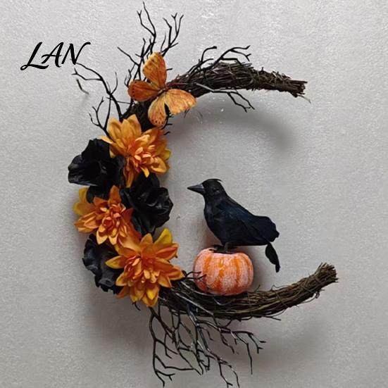 Fabric Wall Hanging Decor Halloween Door Sign, Artificial Floral Branch Crow Moon Hanger with Themed Event Decorations Bird, Spooky Window Yard