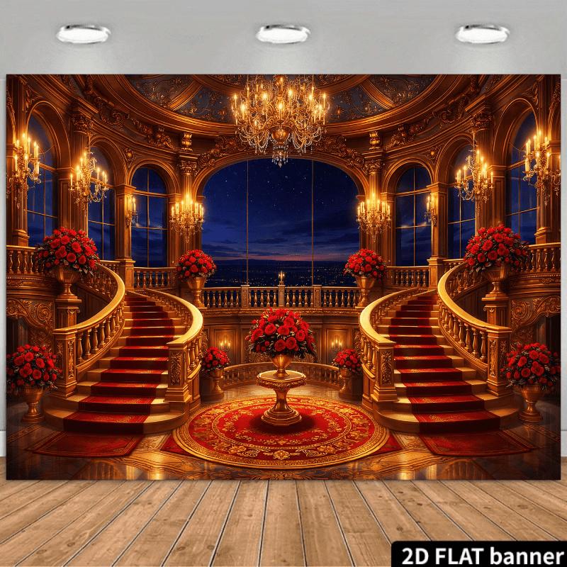2D plane 1 piece of golden engraved theme background cloth double-layer rotating staircase fountain red rose potted plant