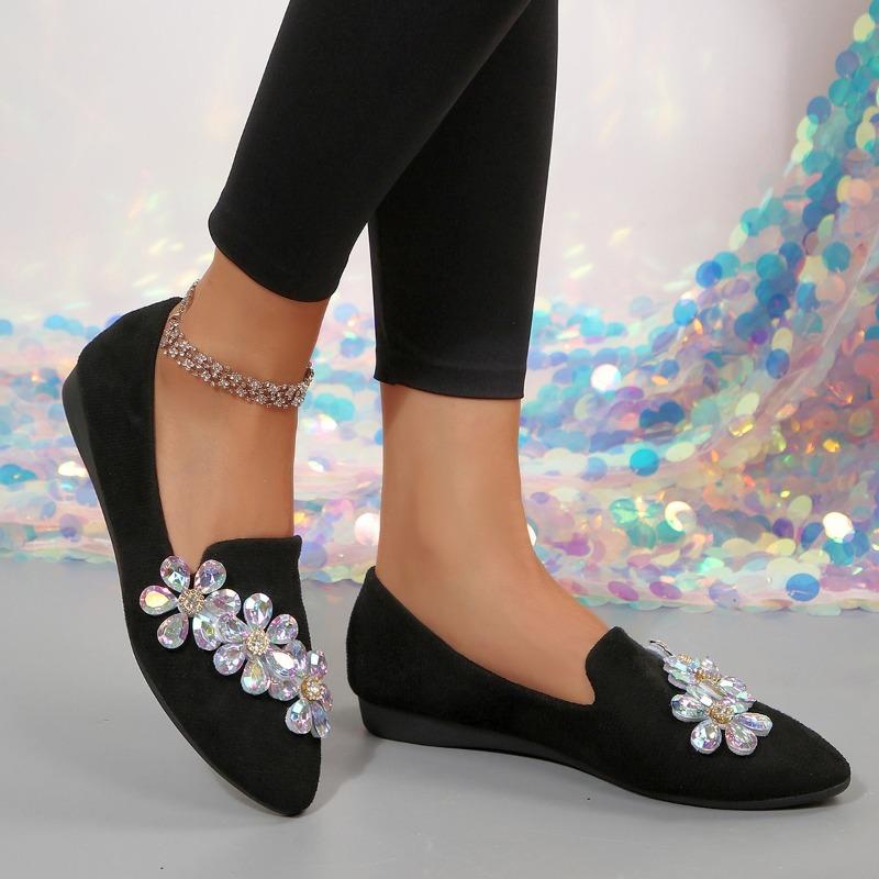 Women's Single Shoes Autumn New Pointed Toe Shallow Slip Rhinestone Flower Slip-on Soft Slip Low Heel Shoes
