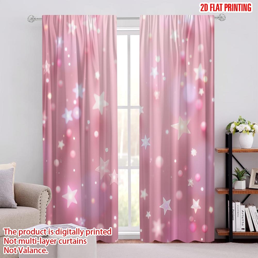 

2D flat printing 2pcs Curtain Pink Starry Sky Versatile Polyester Fabric Without Electricity Versatile Perfect for room decor 100*130 HOOK 1pcs