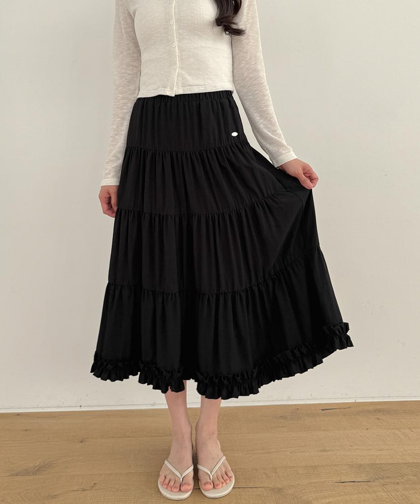 Moyora Frill Tiered Flare Long Skirt [Black]