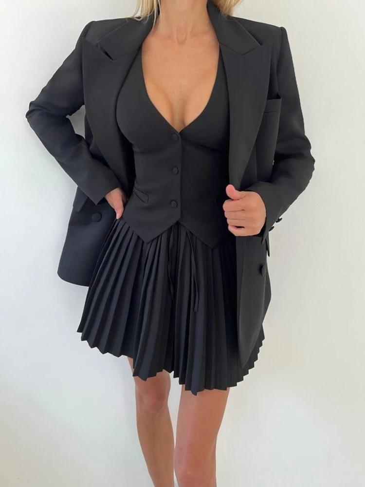 Summer Sexy Patchwork 2 Piece Set Women Elegant Single-breasted Tops + Pleated Mini Skirt Fashion Retro Solid Slim Office Lady Suits