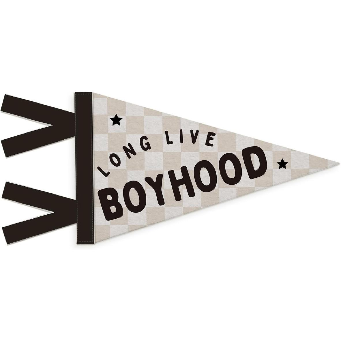 Boys Room Decor, Long Live Boyhood Wall Hanging Pennant Flag Banner, Preppy Neutral Beige Checkered Wall Decorations for Kids Boys Toddler Nursery Long Live Boyhood-Plaid