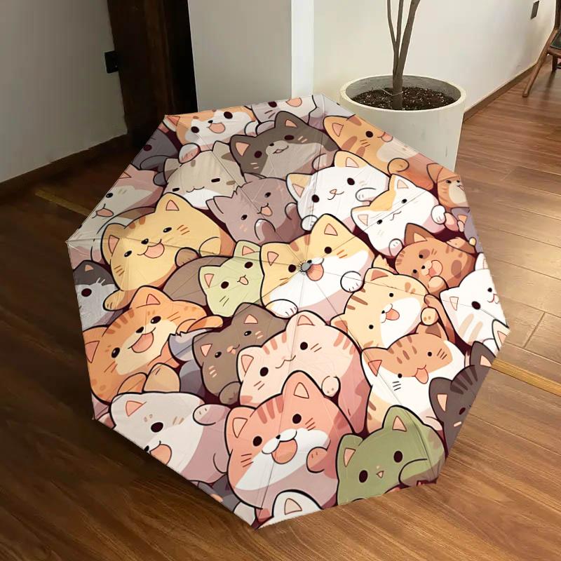 Cute Cat Pattern Automatic Opening/Closing Umbrella with Foldable Design, Iron Frame, Outdoor, Ideal Gift for Fans, Travelers, Daily Use1125