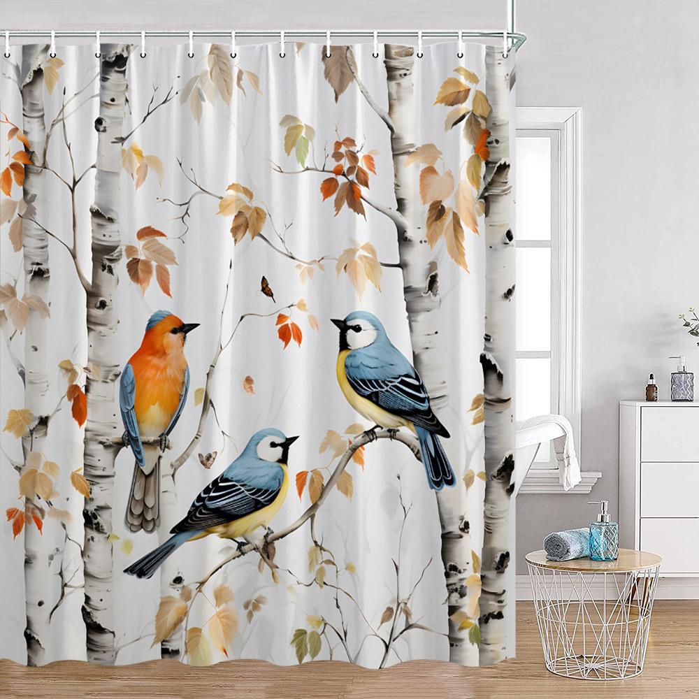 Cute Bird Plant Shower Curtain Hummingbird Pink Flower Green Leaves Nature Floral Bathroom Decor Polyester Bath Curtain
