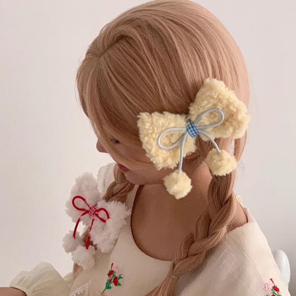Plush Color-Contrast Duckbill Hair Clip, Girly Hair Accessory, Lamb Wool Bowknot Ball Hair Clip, Cute and Girlish жёлтый