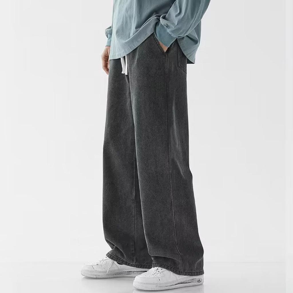 Men's Elastic Waist Light Jeans - Loose, Straight-Leg, Wide & Floor-Length Casual Pants