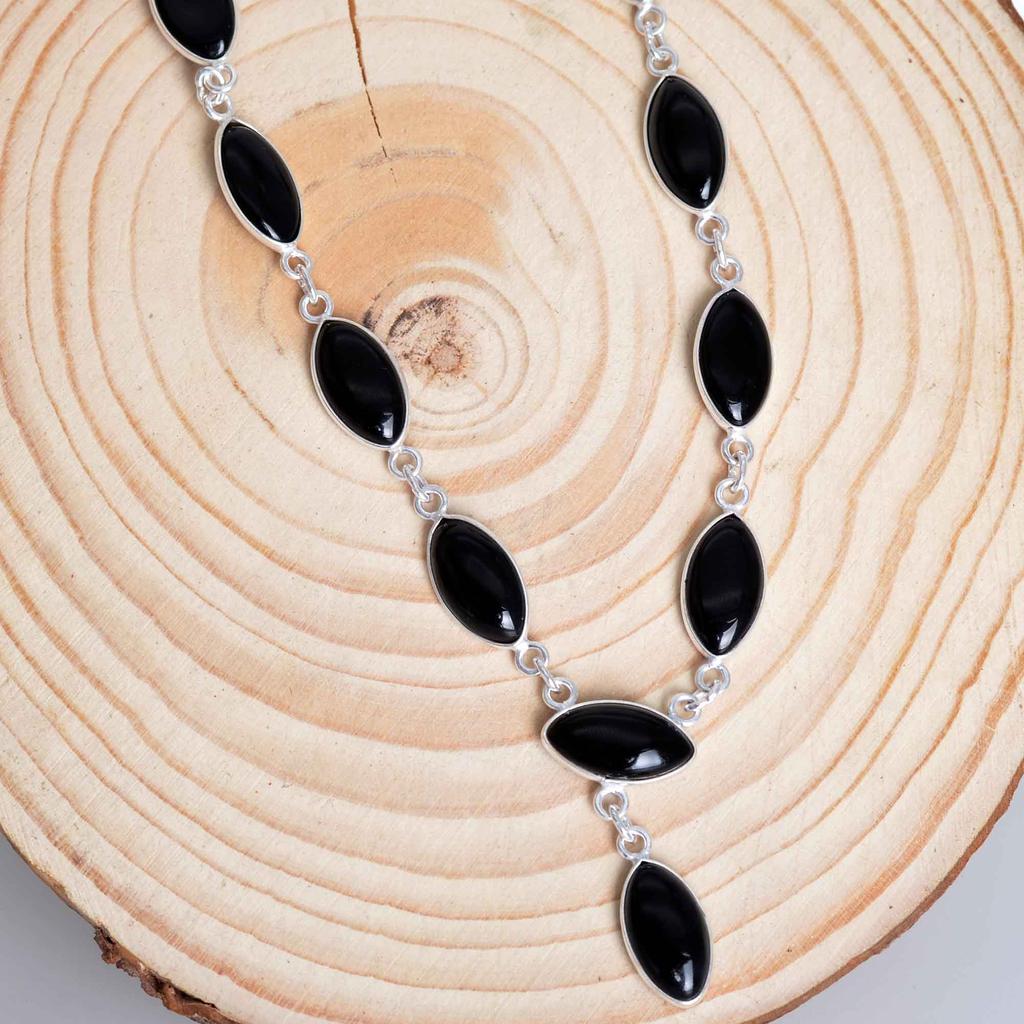Schwarze Onyx 925 Sterling Silber Halskette, Edelstein Marquise handgemachte Halskette Geschenk für ihre Mutter, Jubiläumsgeschenk