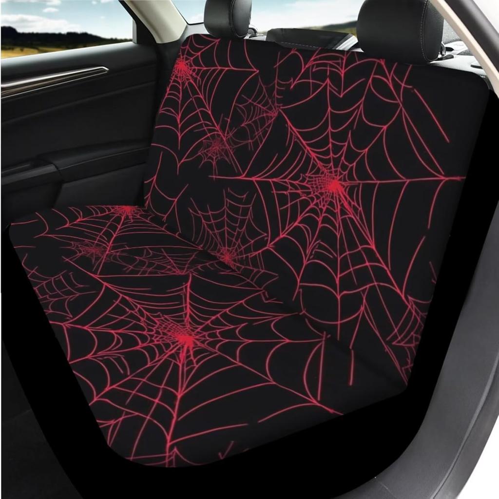 Red Spider Web Car Seat Covers with Steering Wheel Cover,Armrest Cushion,Seat Belt Covers Cup Holder with Keychain,Automotive Protector Set Unverisal