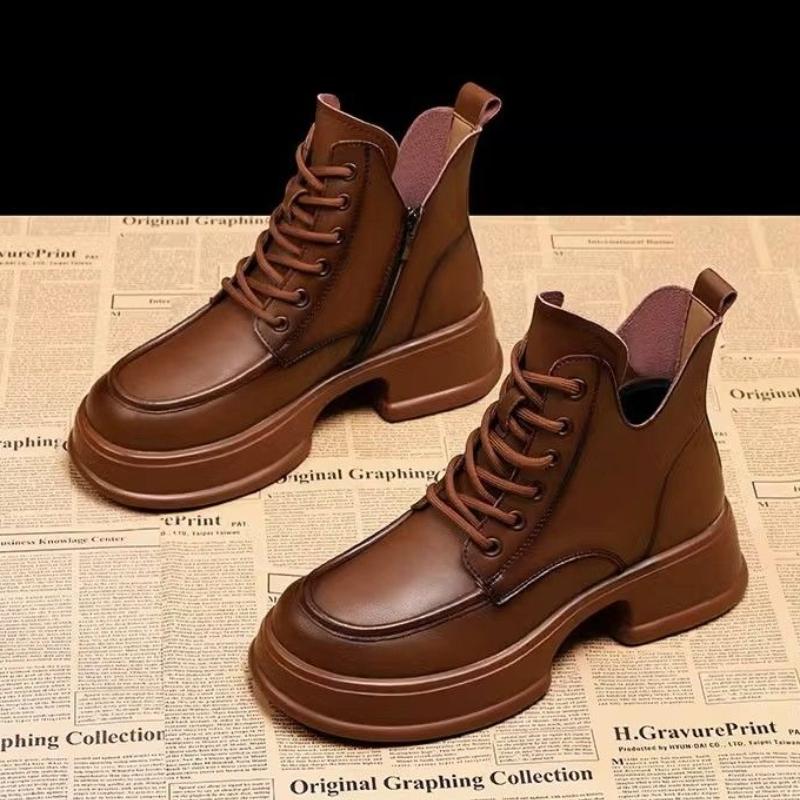 Round Toe Platform Lace-up Booties Leather Fleece-Lined Ankle Boots for Women Autumn Winter Trend 2025 Goth Woman Short Shoes