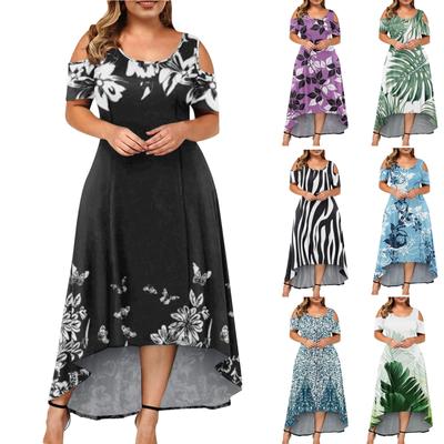 Büyük Beden Kadın Kısa Kollu Moda Baskılı Yuvarlak Yaka Omuzdan Bağlamalı Düzensiz Etek Ucu Elbise
