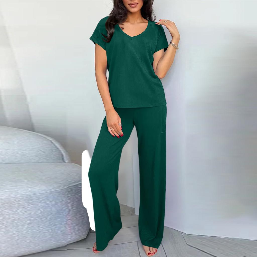 Women's Knit Loungewear Two-Piece Set with Pockets for Casual Home Wear