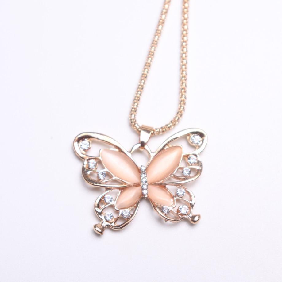 C076 Korean Version New Sweater Chain Butterfly Cat's Eye Necklace Women's Versatile Long Jewelry