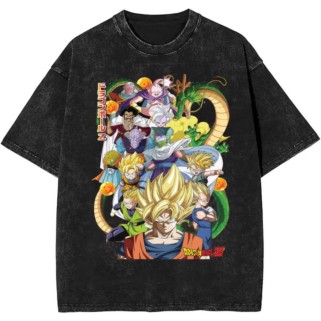 2026 Summer Dragon Ball Nostalgic T-Shirt 100% Cotton Heavyweight Washed Retro Oversized Men's Anime Print Streetwear Unisex