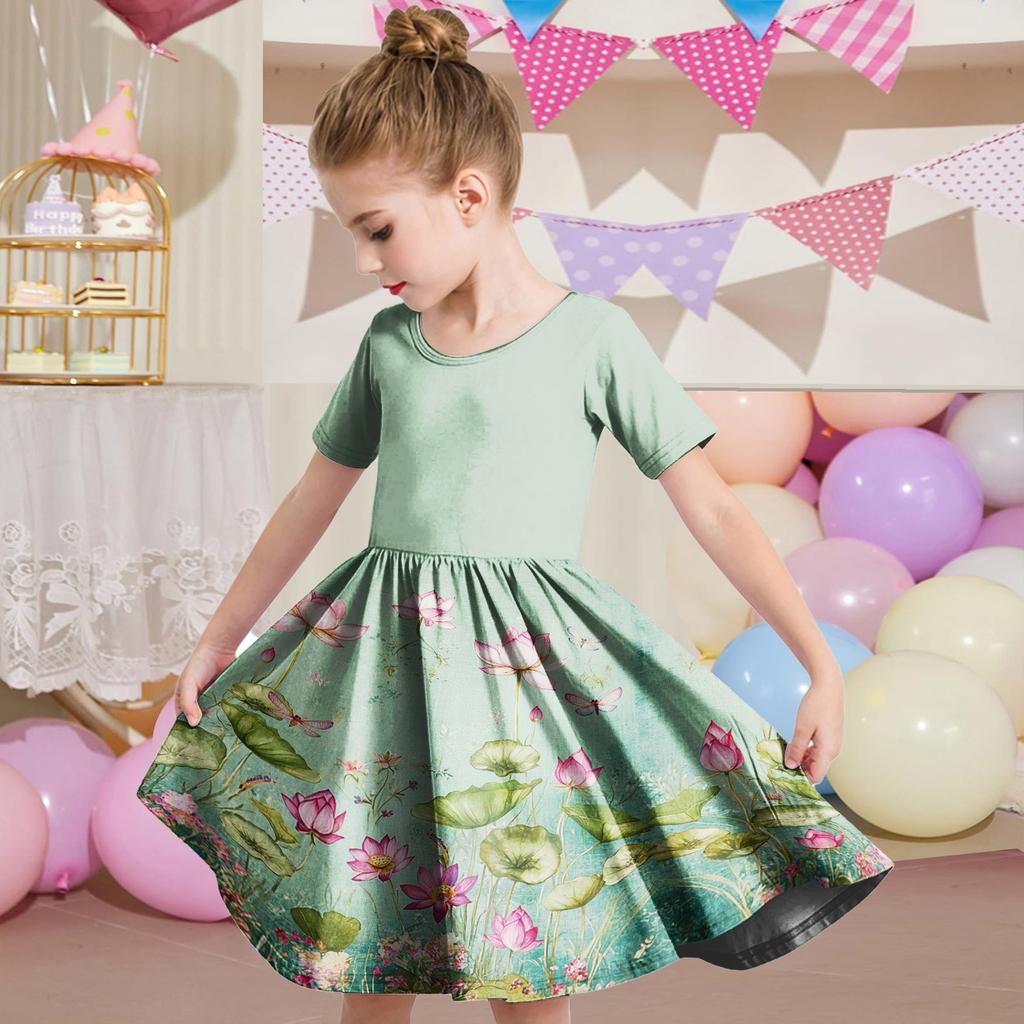 Girl Summer Dress Toddler Skater Dress Color Short Sleeve Casual A-Line T-Shirt Dress