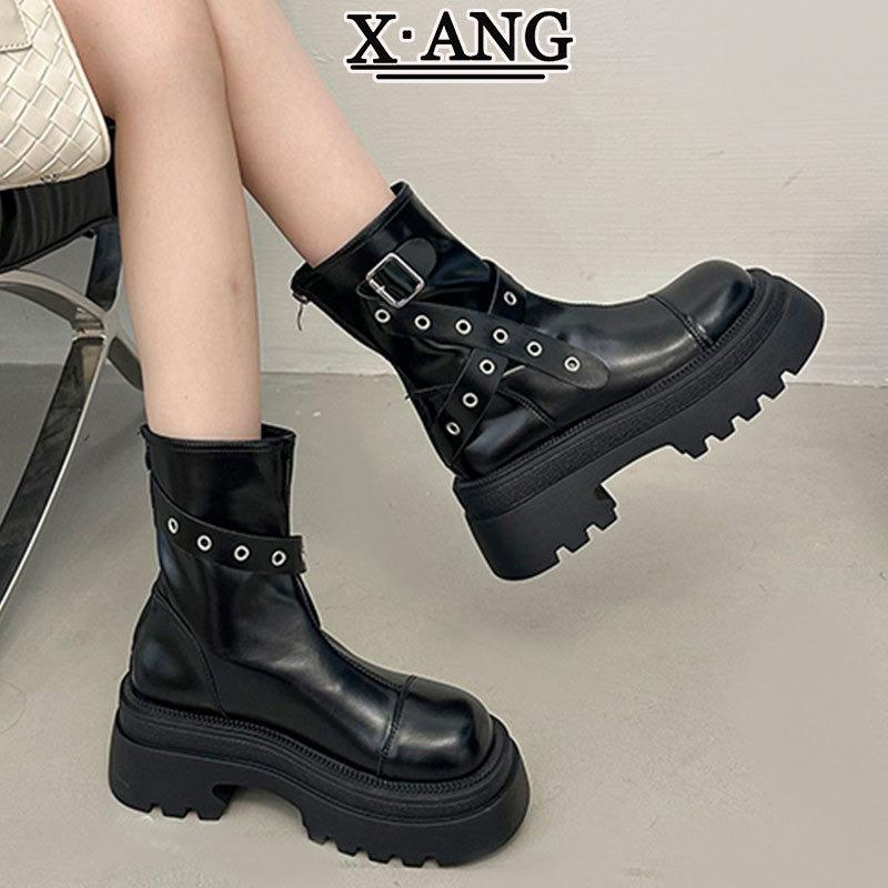 Small thick-soled heightened thick-heeled short boots leather Martin boots women's belt buckle locomotive boots medium boots knight boots