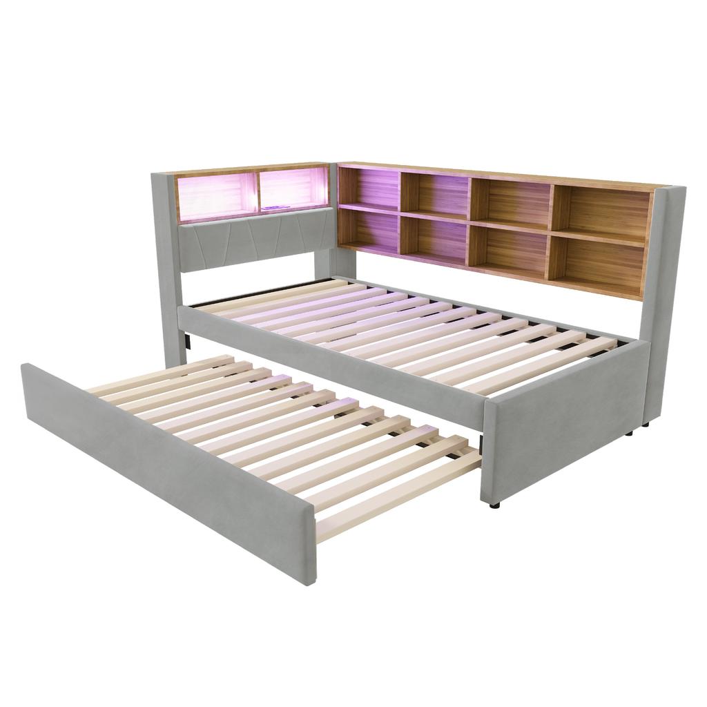 Schlafsofa 90*200, Ausziehbares Bett 90*190, Ausgestattet mit LED-Leuchten, Steckdosen und vielen Staufächern, Flanell, Hellgrau.