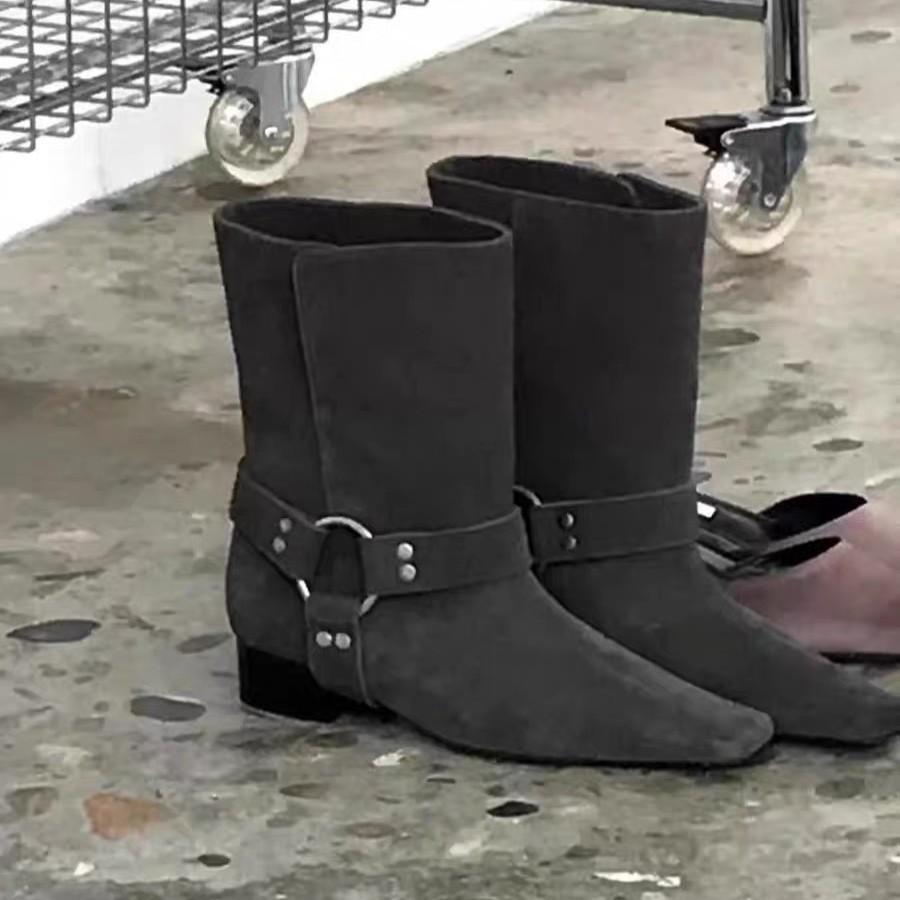 Leather Square Head Thick Heel Martin Boots Women's New Folded Two Wear Suede Locomotive Boots