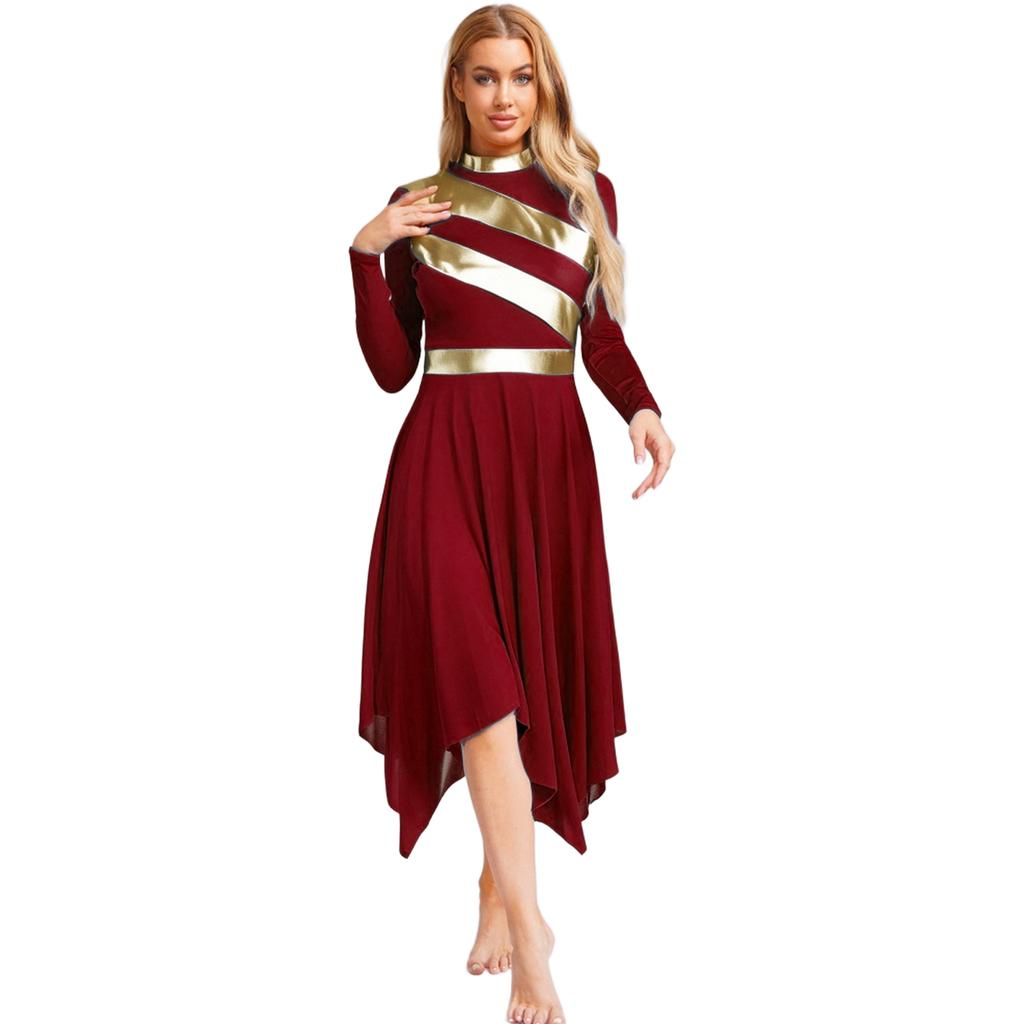 Womens Worship Dance Dress Metallic Patchwork Long Sleeve Irregular Hem Tunic Lyrical Performance Gown