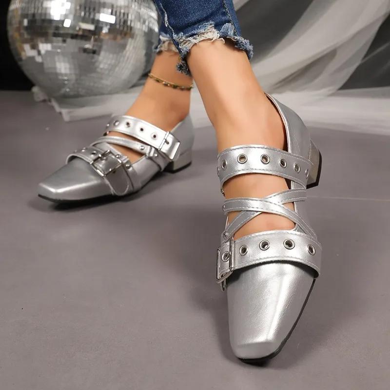 Mary Jane Shoes 2025 Autumn New Vintage Small Square Toe Studded Belt Buckle Soft Sole Low Top Single Shoes