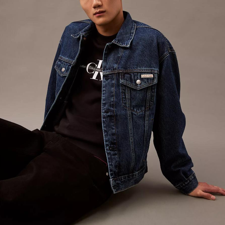 Calvin Klein Metal Logo Casual Polo Denim Jacket Men Jackets Blue 40EM719-420