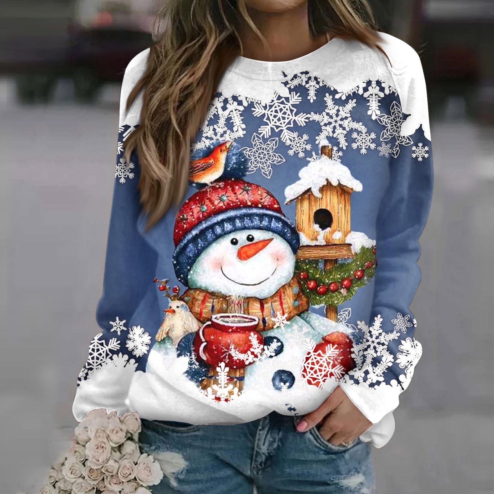 

Women s Round Neck Tops Cotton Women s Casual Fashion Print Long Sleeve O-Neck Pullover Top Blouse L синій