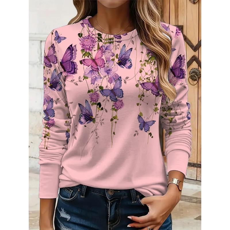 Women's 3D Butterfly Print T-shirt Fashion Long Sleeve Round Neck Regular Tops Holiday Weekend Spring and Autumn