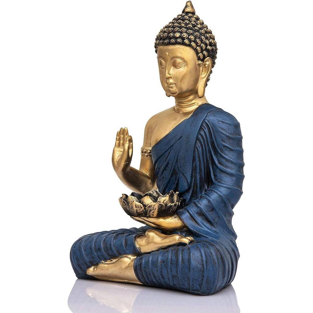 Medytujący siedzący posąg Buddy, ozdoba domu, prezent do salonu, dekoracyjny eksponat - 27 cm (Żywica, niebieski, złoty)