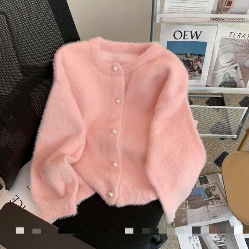 2026 Autumn/Winter Korean Faux Mink Fur Knit Cardigan - Soft, Fluffy, Solid Color Women's Top