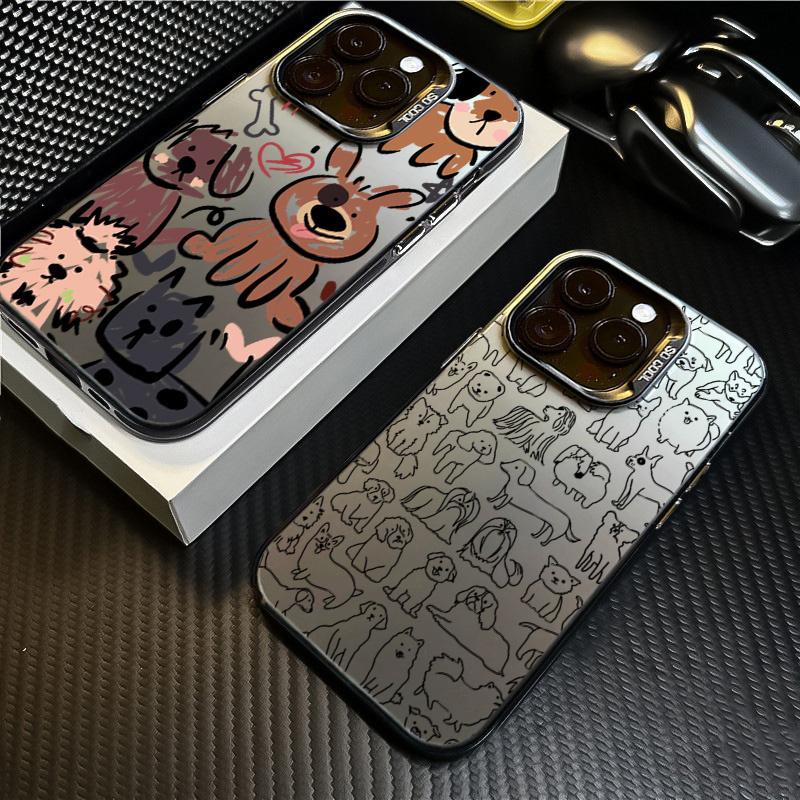 Funny Graffiti Dogs Phone Case For iPhone 15 16 Pro Max 14 13 12 11 X XS XR 7 8 Plus SE 2 3 Electroplate Silver IMD Cute Cover