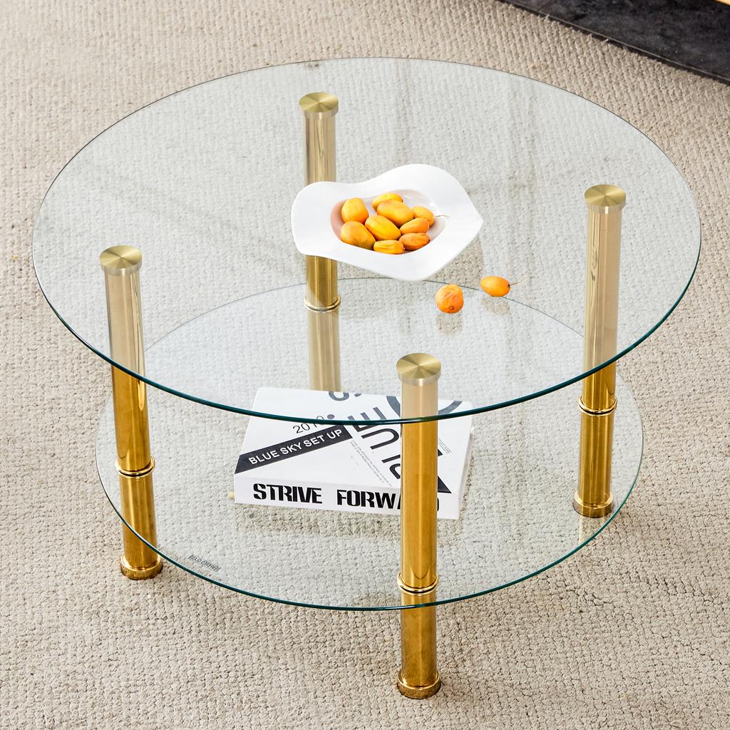 Modern Two-Tier Glass Coffee Table - Gold-Colored Metal Legs, Stable and Spacious. Metal Shine and Glass Reflections for Quiet Luxury Interiors.